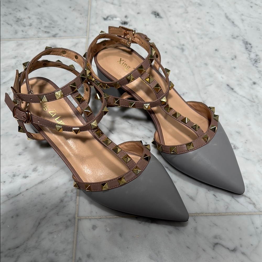 Gray and Brown Heeled Shoes with Studded Straps SIZE 7.5